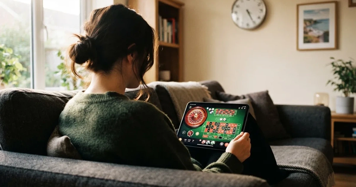 Pessoa num sofá a olhar pensativa para um tablet, com um relógio na parede atrás — ofertas de casino em portugal