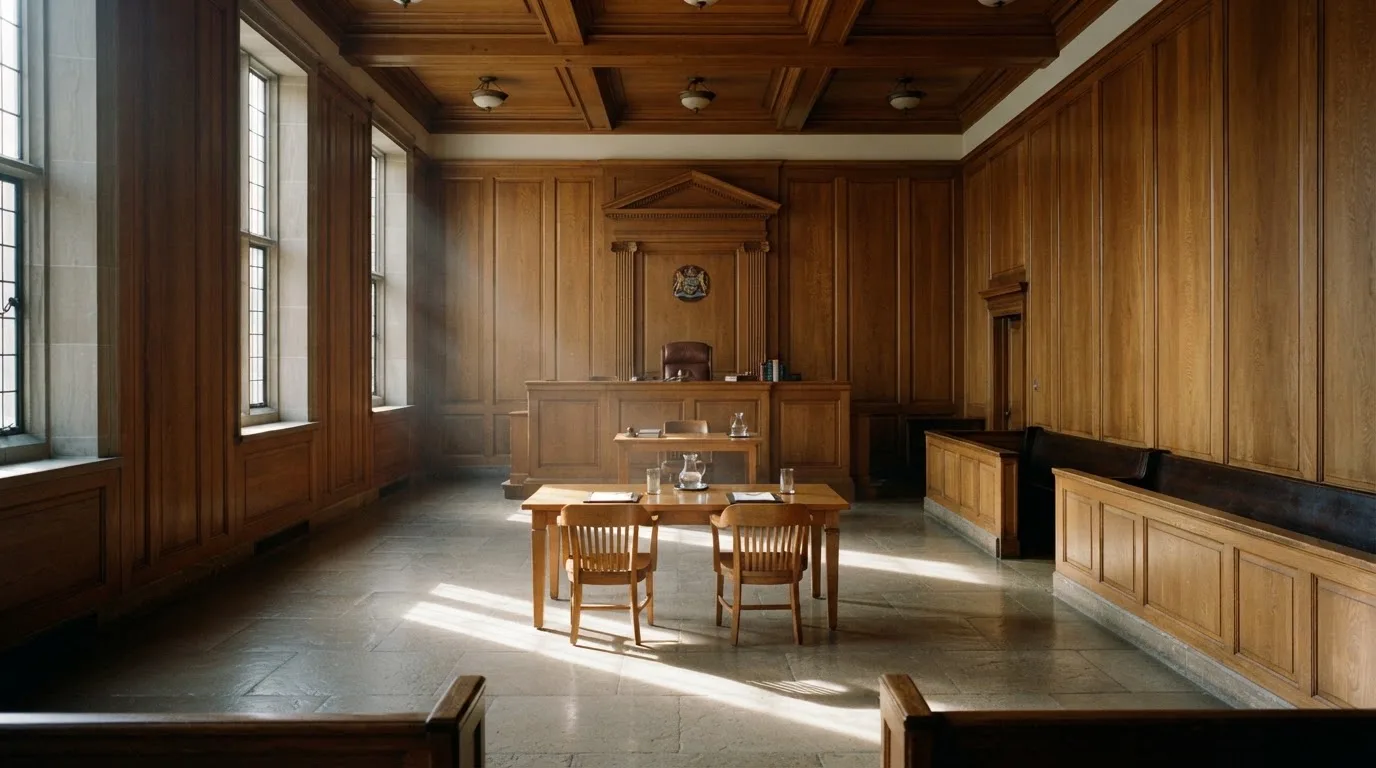 Sala de tribunal vazia com painéis de madeira, à luz da manhã — online casino bónus para os portugueses