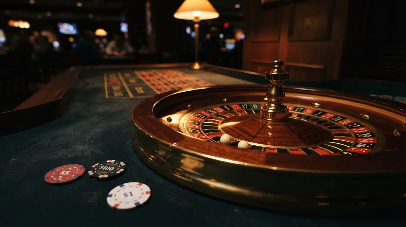 Roda de roleta e fichas sobre feltro verde, sob uma luz quente de fim de tarde — online casino bónus para os portugueses