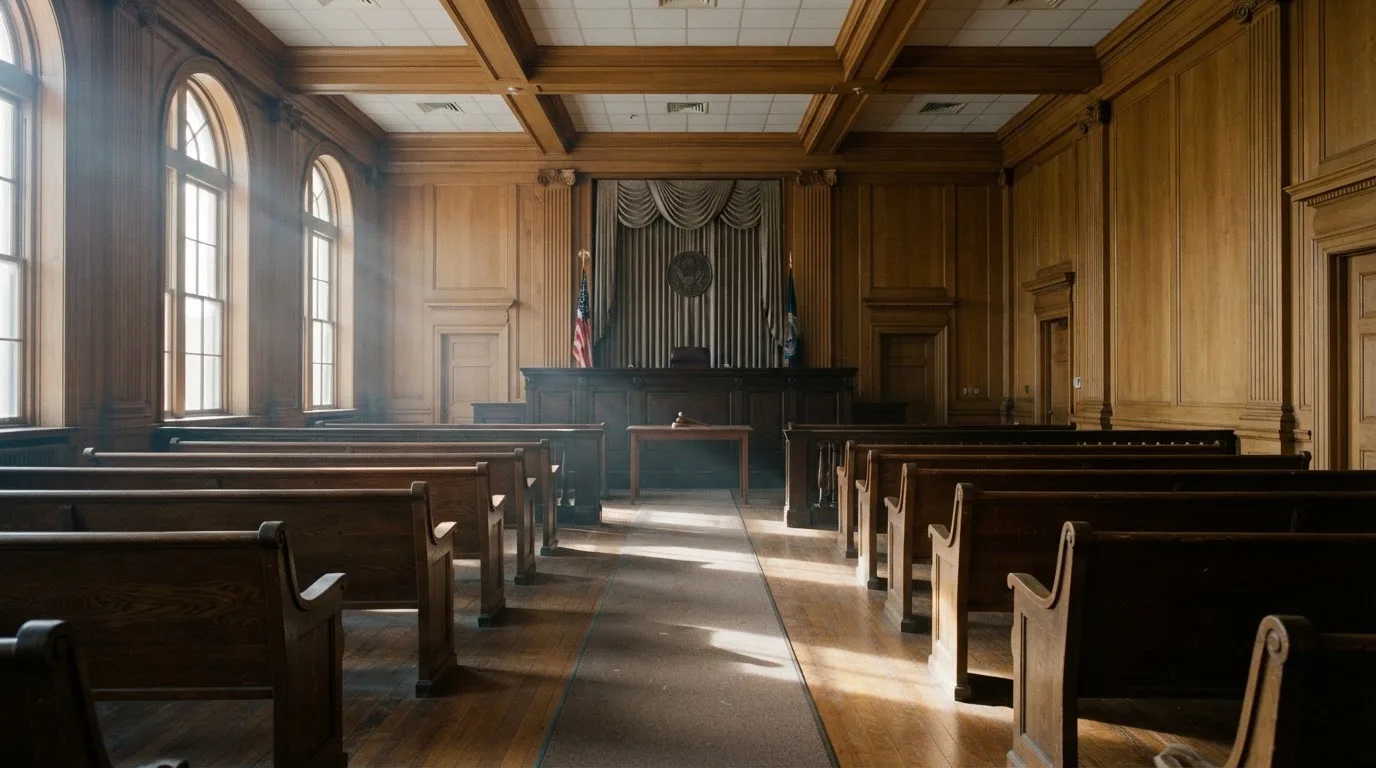 Sala de tribunal vazia com painéis de madeira, à luz da manhã — online casinos em portugal