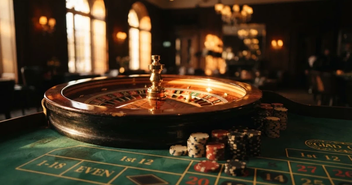 Roda de roleta e fichas sobre feltro verde, sob uma luz quente de fim de tarde — online casinos em portugal
