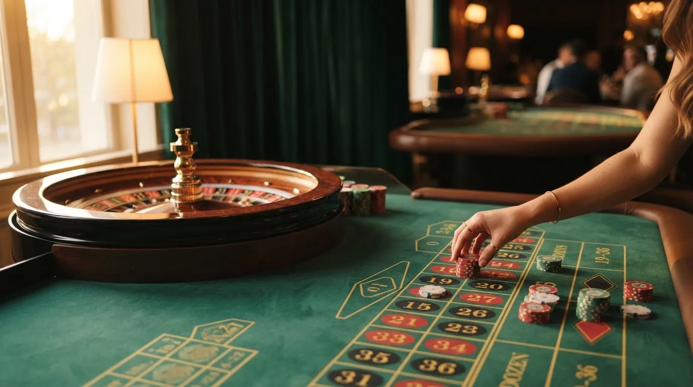 Roda de roleta e fichas sobre feltro verde, sob uma luz quente de fim de tarde — páginas de casino em portugal