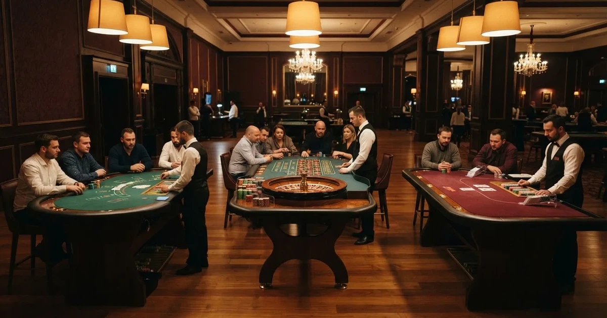Três mesas de jogo diferentes lado a lado numa sala calma e calorosamente iluminada — páginas de casino em portugal