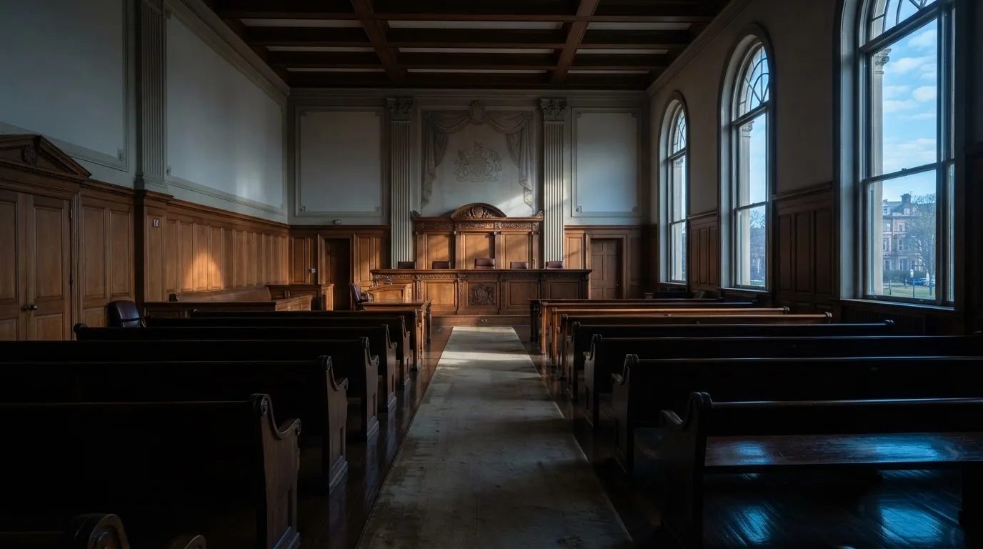 Sala de tribunal vazia com painéis de madeira, à luz da manhã — probabilidades de roleta pt