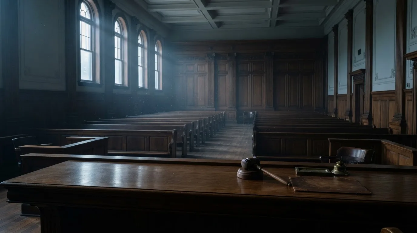 Sala de tribunal vazia com painéis de madeira, à luz da manhã — promoções de casino em portugal