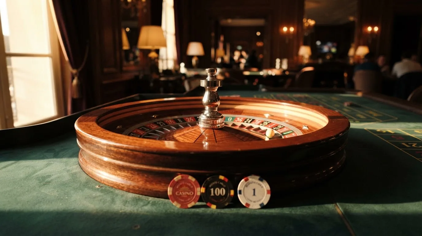 Roda de roleta e fichas sobre feltro verde, sob uma luz quente de fim de tarde — promoções de casino em portugal