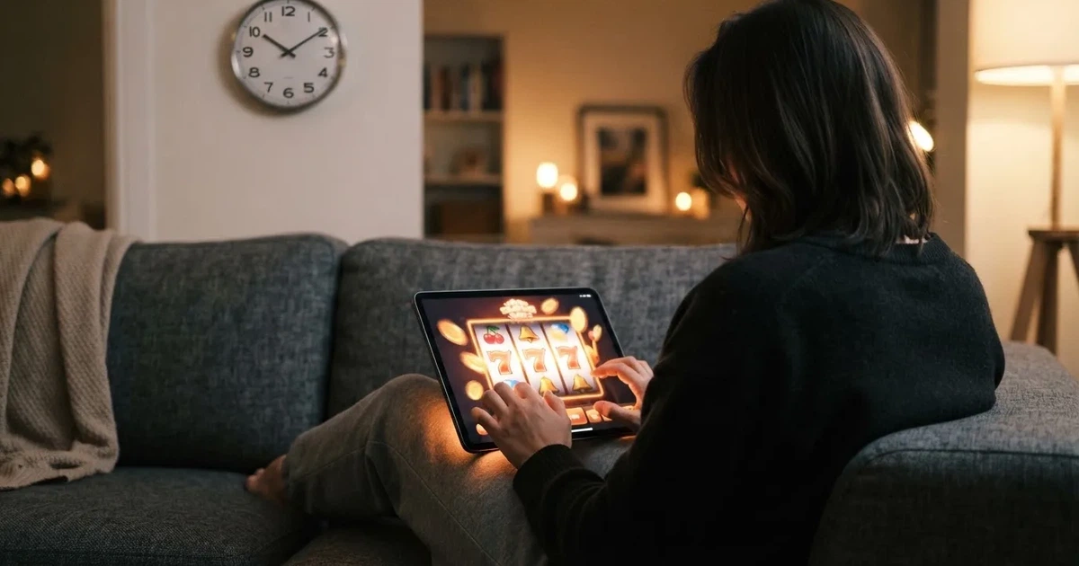 Pessoa num sofá a olhar pensativa para um tablet, com um relógio na parede atrás — promoções de casino em portugal