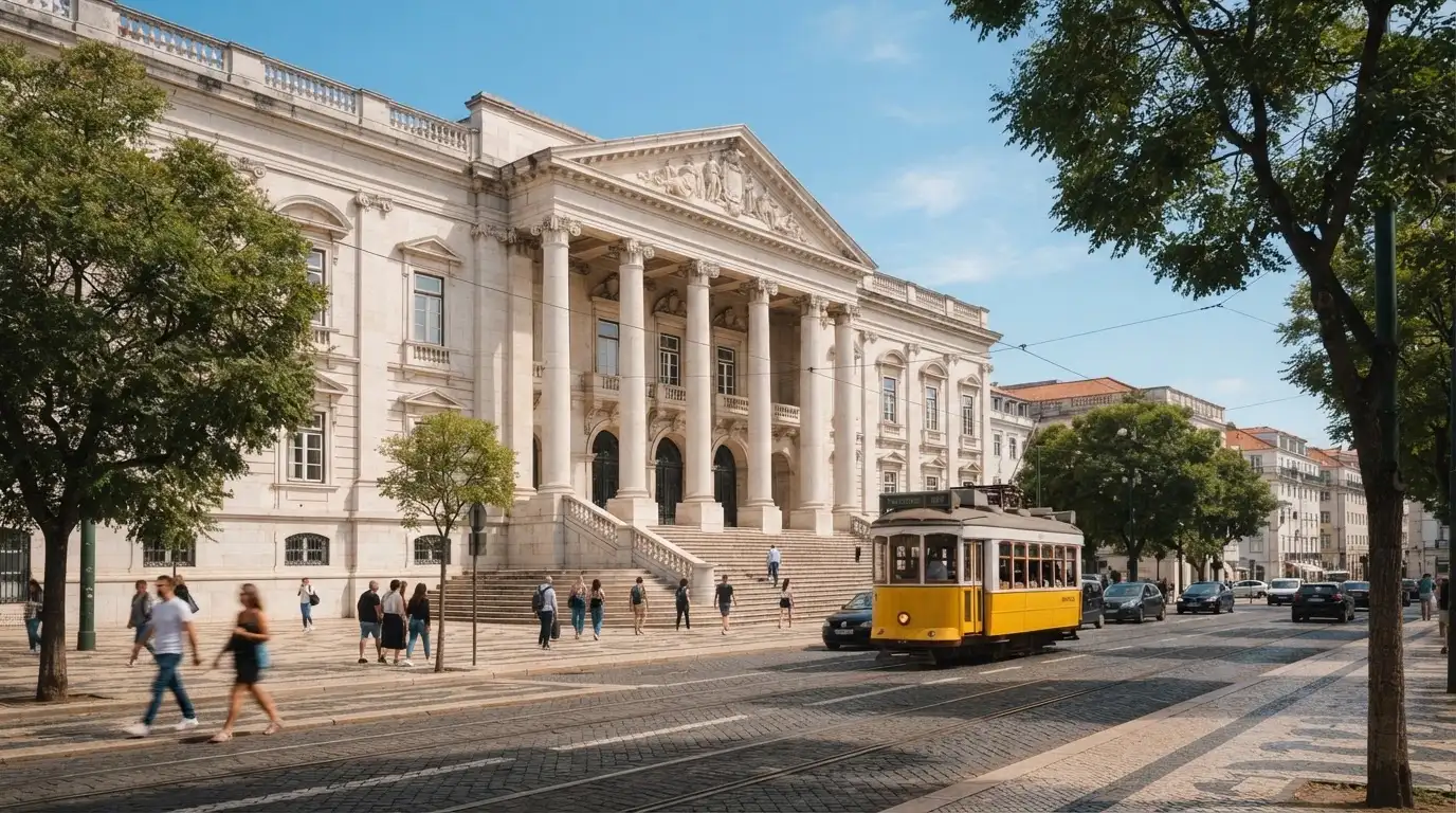 Edifício institucional de pedra com colunas junto a uma avenida lisboeta, céu limpo, elétrico amarelo ao longe, fotografia de rua.