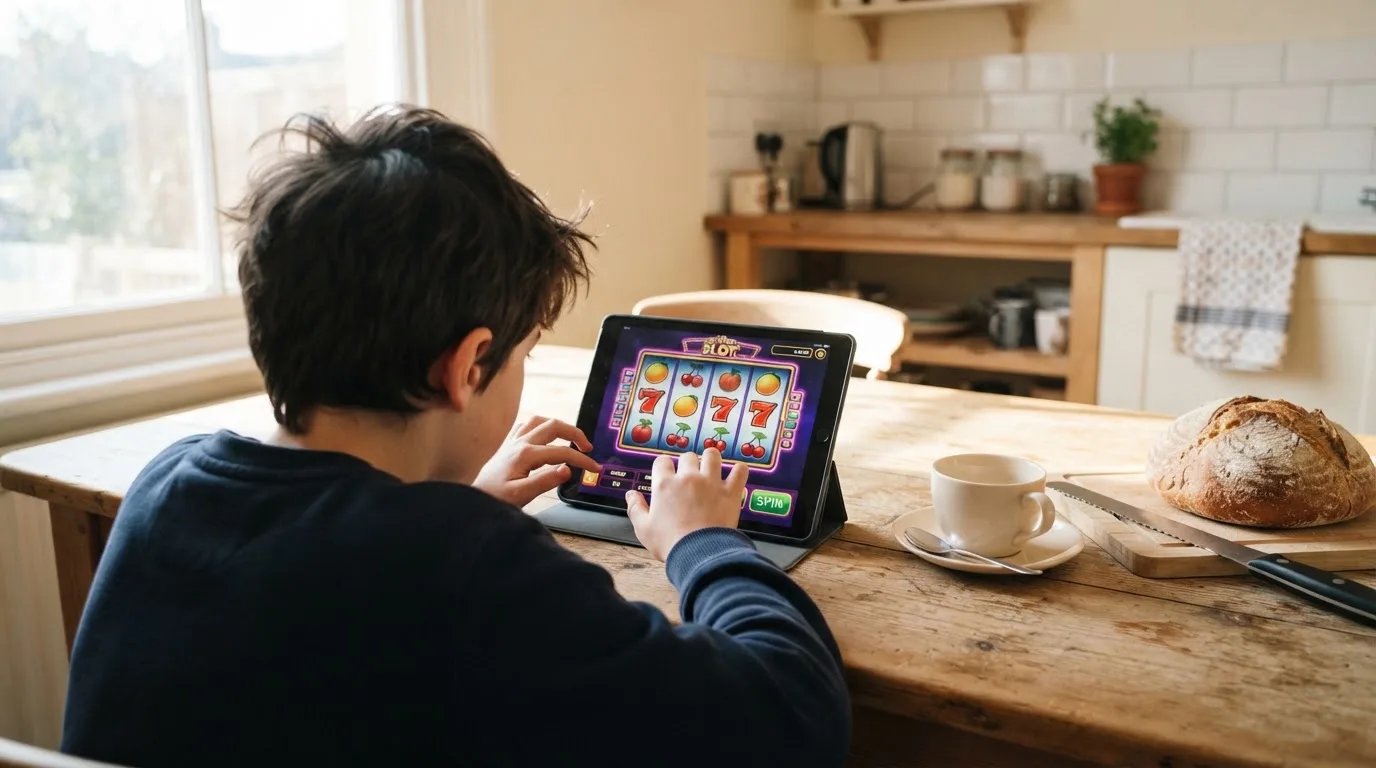 Jovem sentado à mesa da cozinha a explorar um tablet com ar curioso, chávena de chá e pão sobre a mesa, luz da manhã.