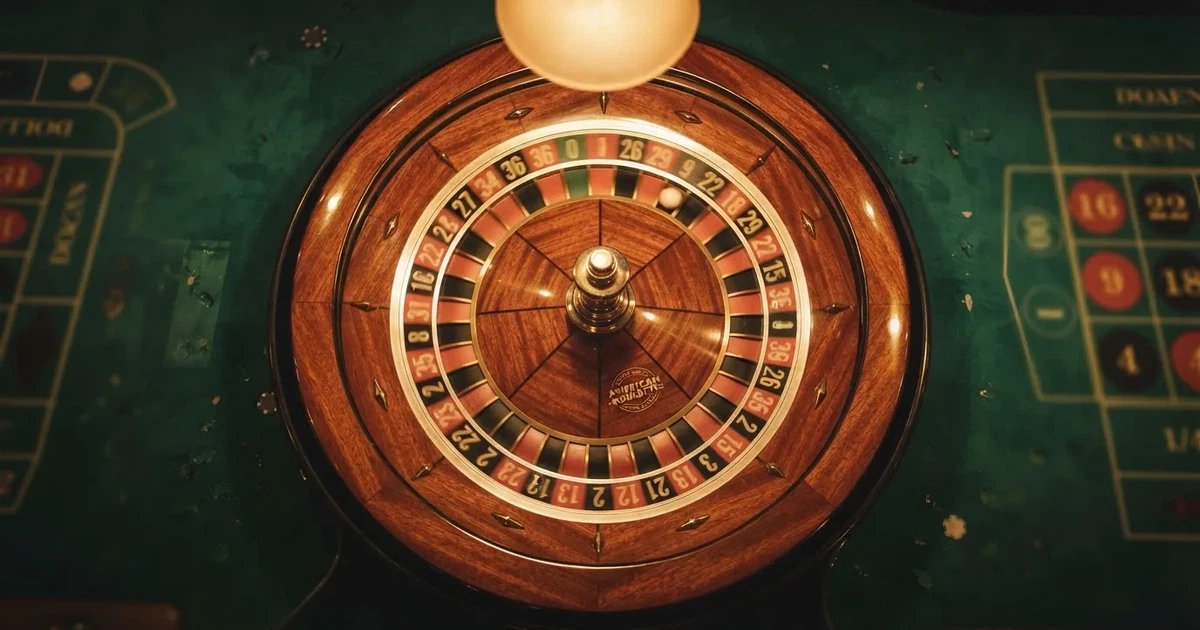 Roda de roleta em movimento fotografada de cima, com a bola a girar na pista e reflexos dourados nas bordas.