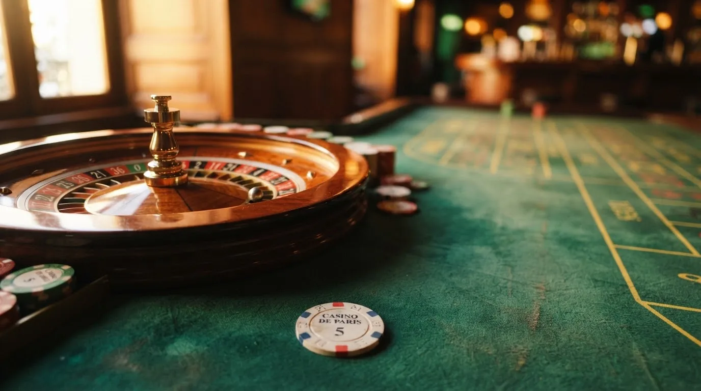 Roda de roleta e fichas sobre feltro verde, sob uma luz quente de fim de tarde — roleta casino em portugal