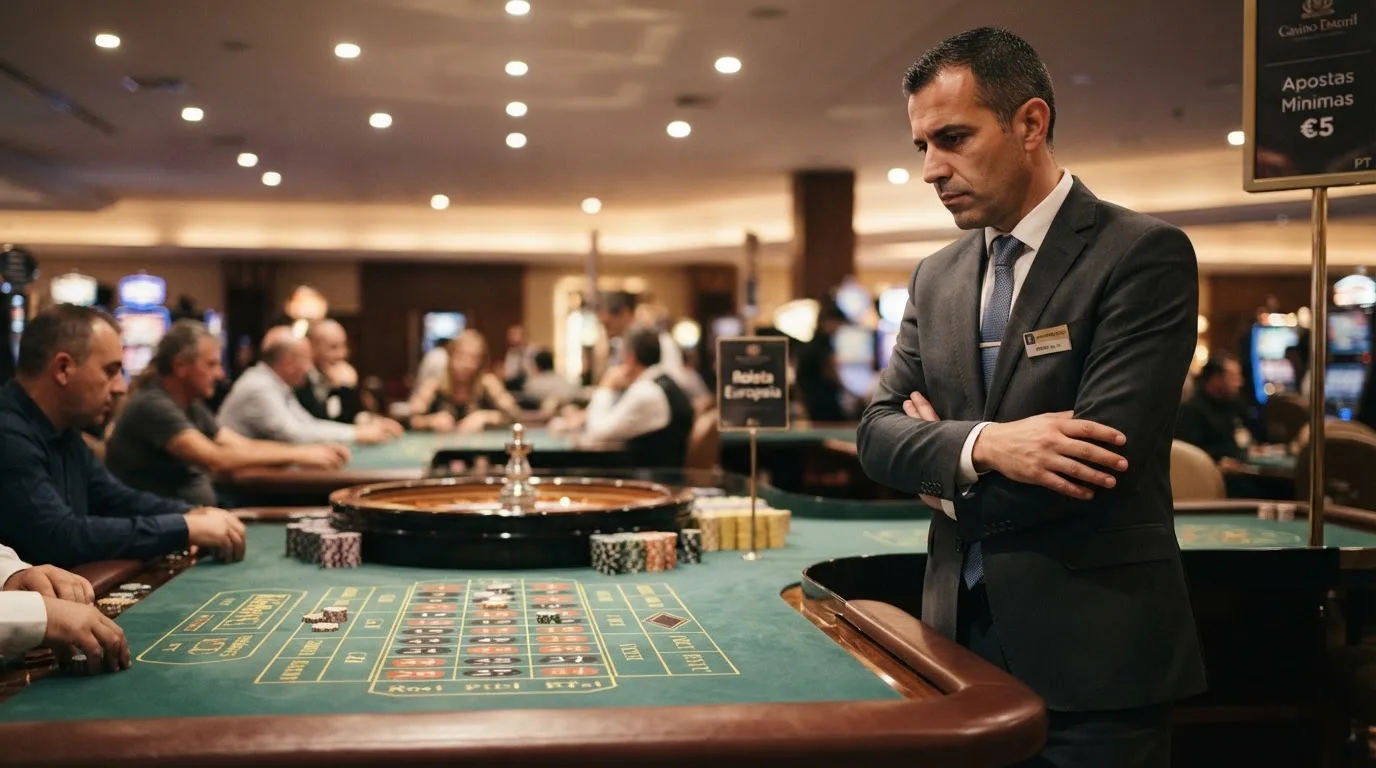Fiscal de sala de casino de fato escuro a observar atentamente uma mesa de roleta, com jogadores desfocados ao fundo.