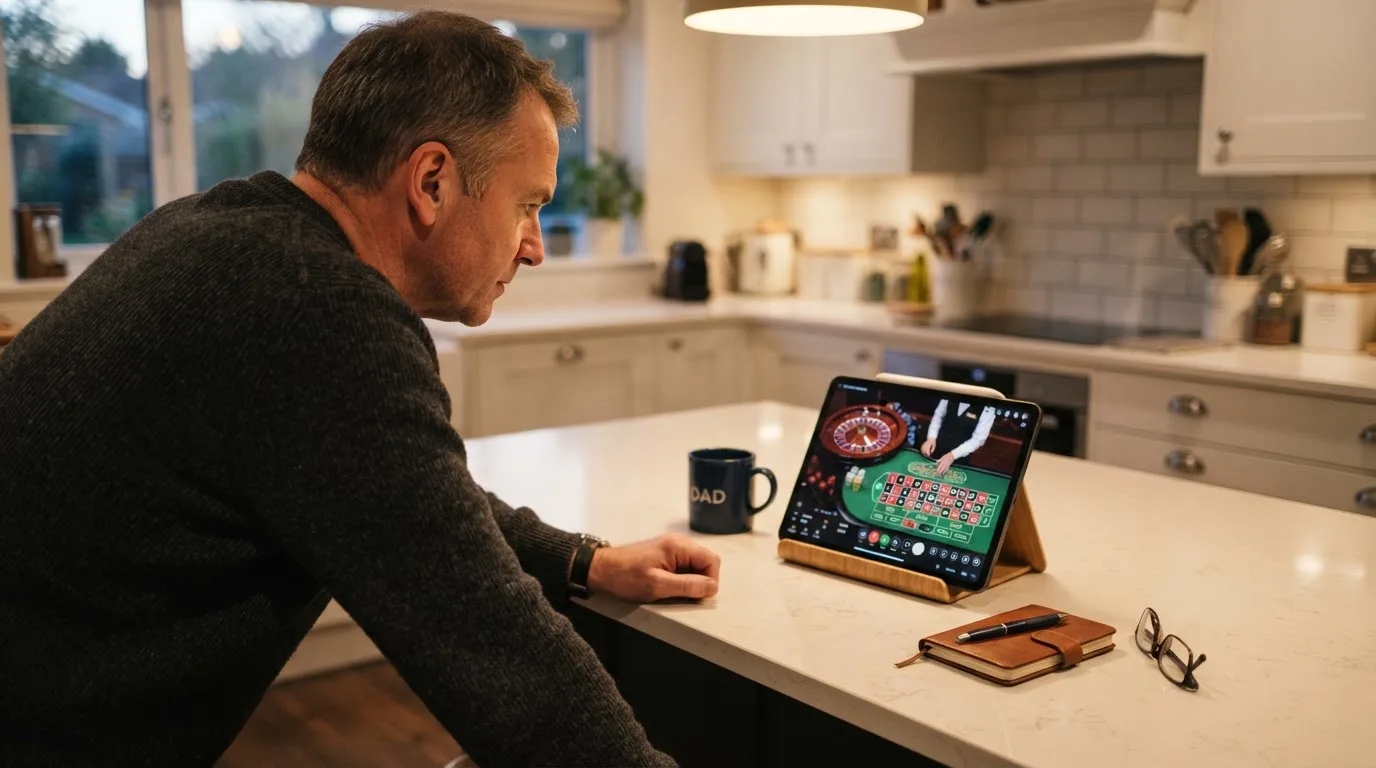 Jogador de meia-idade a ver uma transmissão de roleta num tablet, apoiado na bancada de uma cozinha moderna, com expressão atenta.