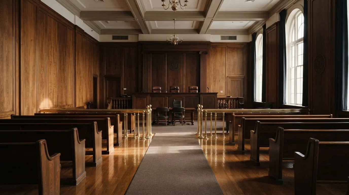 Sala de tribunal vazia com painéis de madeira, à luz da manhã — roleta grátis em portugal
