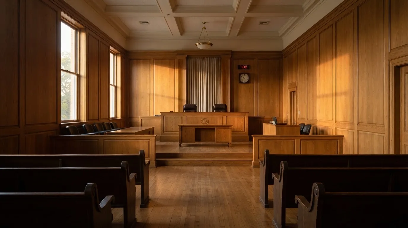 Sala de tribunal vazia com painéis de madeira, à luz da manhã — roleta online por dinheiro em portugal