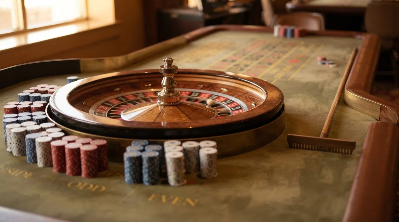 Roda de roleta e fichas sobre feltro verde, sob uma luz quente de fim de tarde — sites de casino para os portugueses