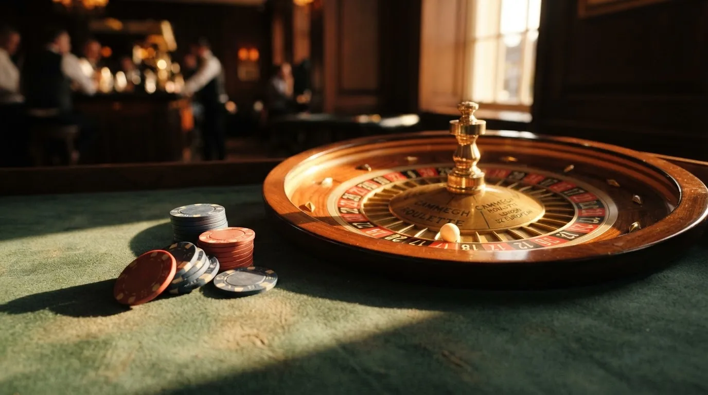Roda de roleta e fichas sobre feltro verde, sob uma luz quente de fim de tarde — slot machines em portugal