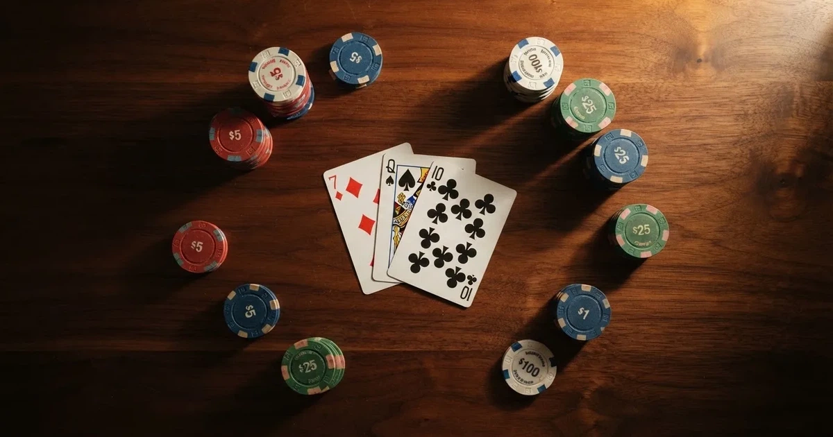 Mesa de jogo iluminada com cartas, vista de cima — slot machines em portugal