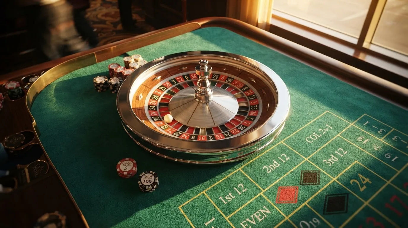 Roda de roleta e fichas sobre feltro verde, sob uma luz quente de fim de tarde — slots com bonus em portugal