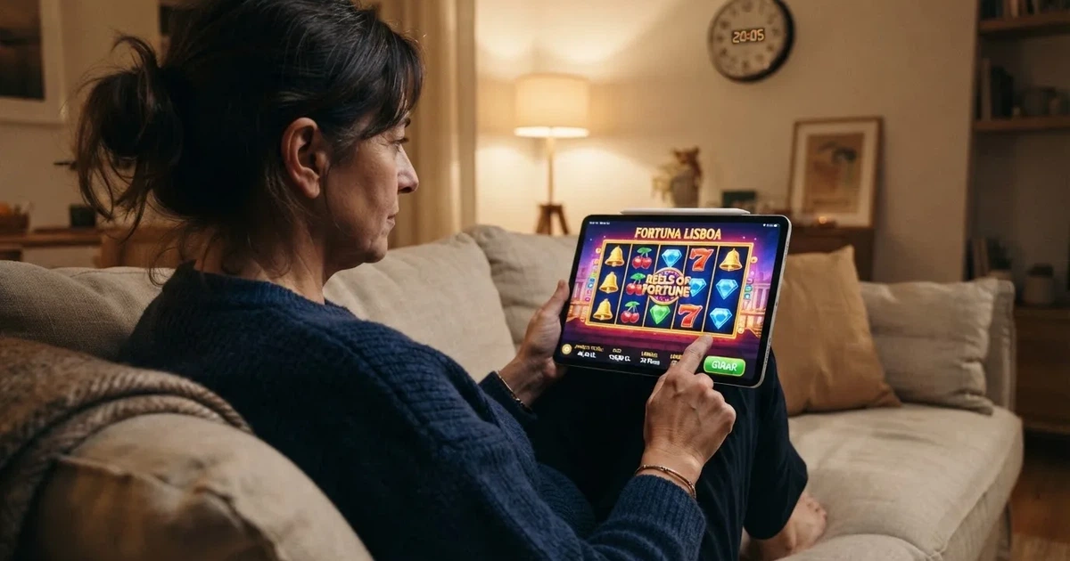 Pessoa num sofá a olhar pensativa para um tablet, com um relógio na parede atrás — slots com bonus em portugal