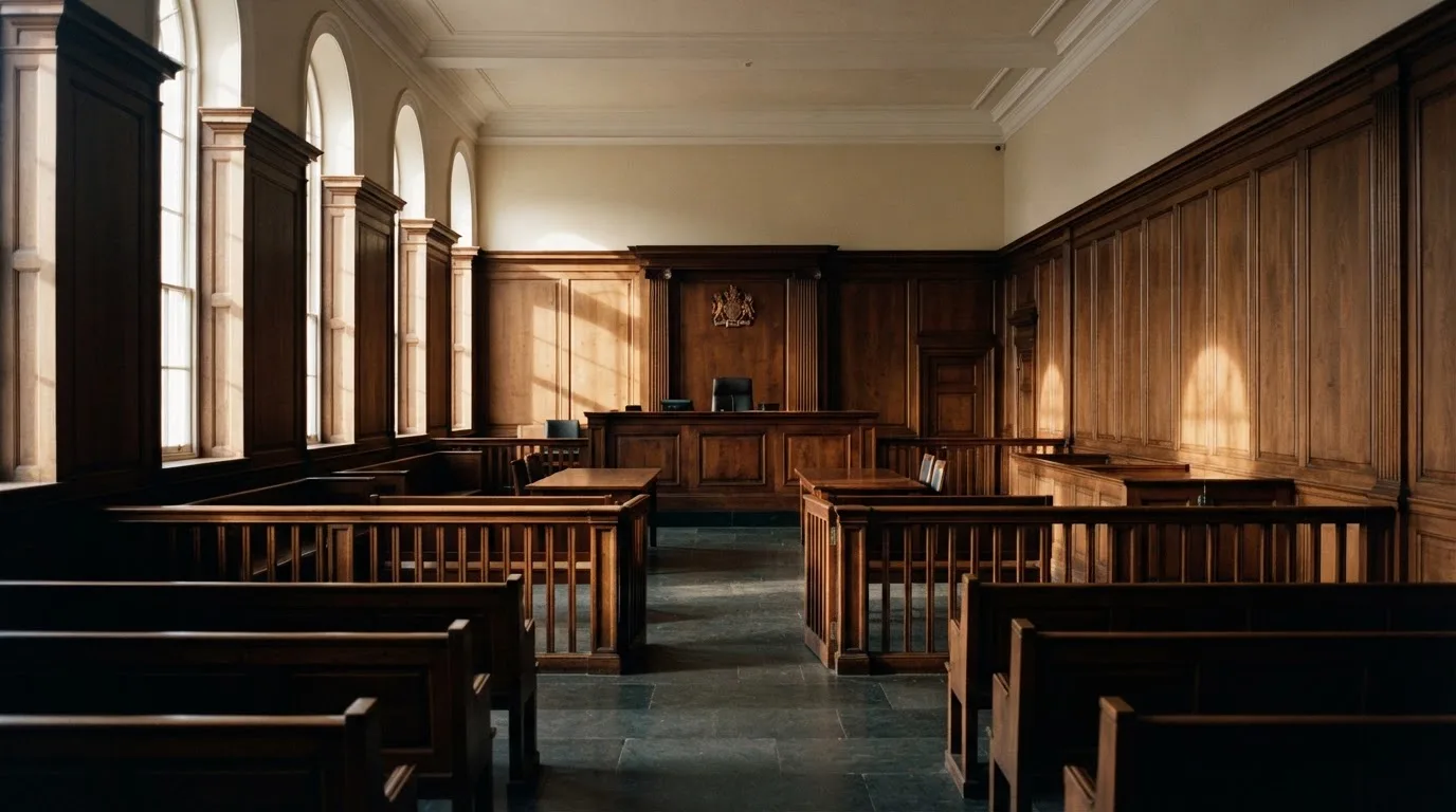 Sala de tribunal vazia com painéis de madeira, à luz da manhã — slots demo em portugal