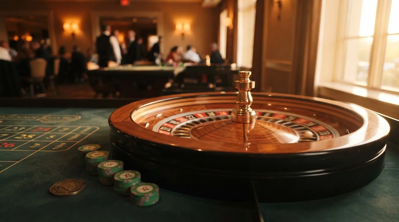 Roda de roleta e fichas sobre feltro verde, sob uma luz quente de fim de tarde — slots demo em portugal