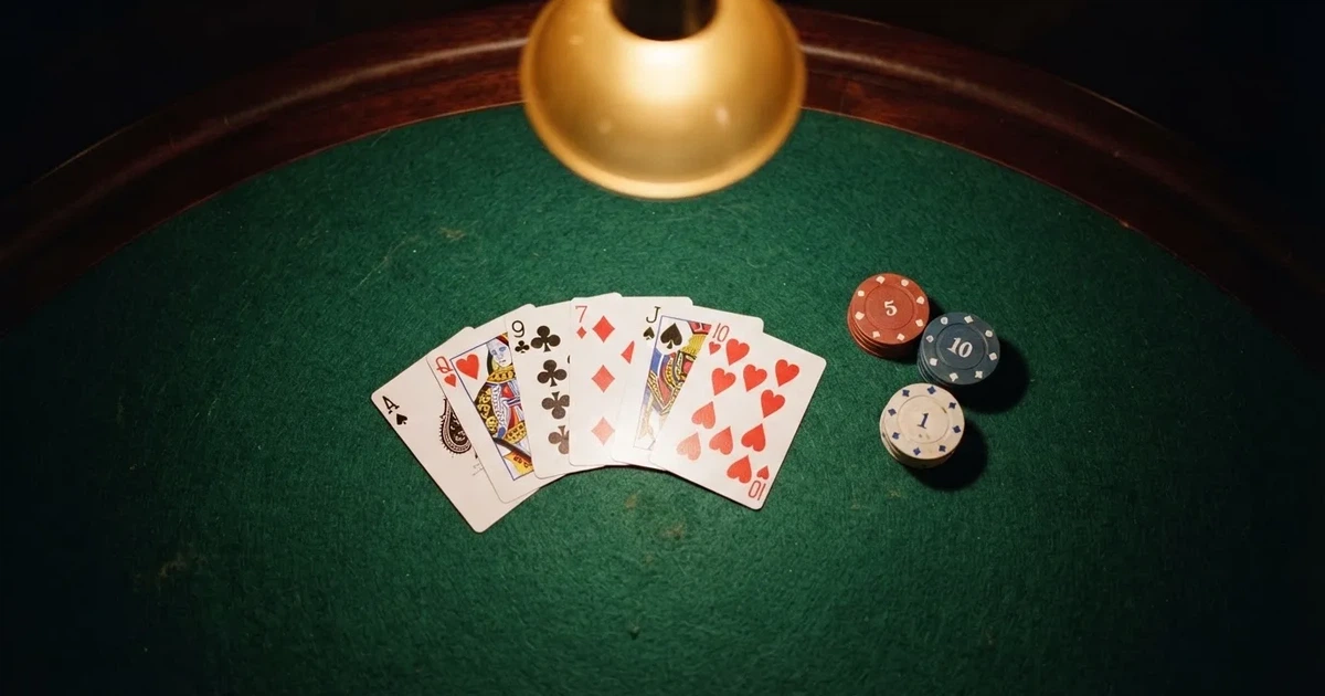 Mesa de jogo iluminada com cartas, vista de cima — slots demo em portugal