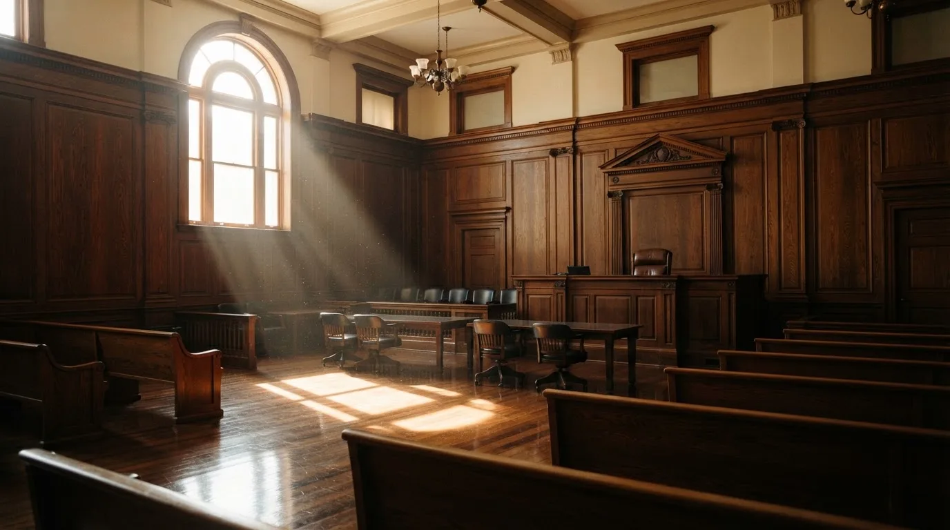 Sala de tribunal vazia com painéis de madeira, à luz da manhã — slots grátis em portugal