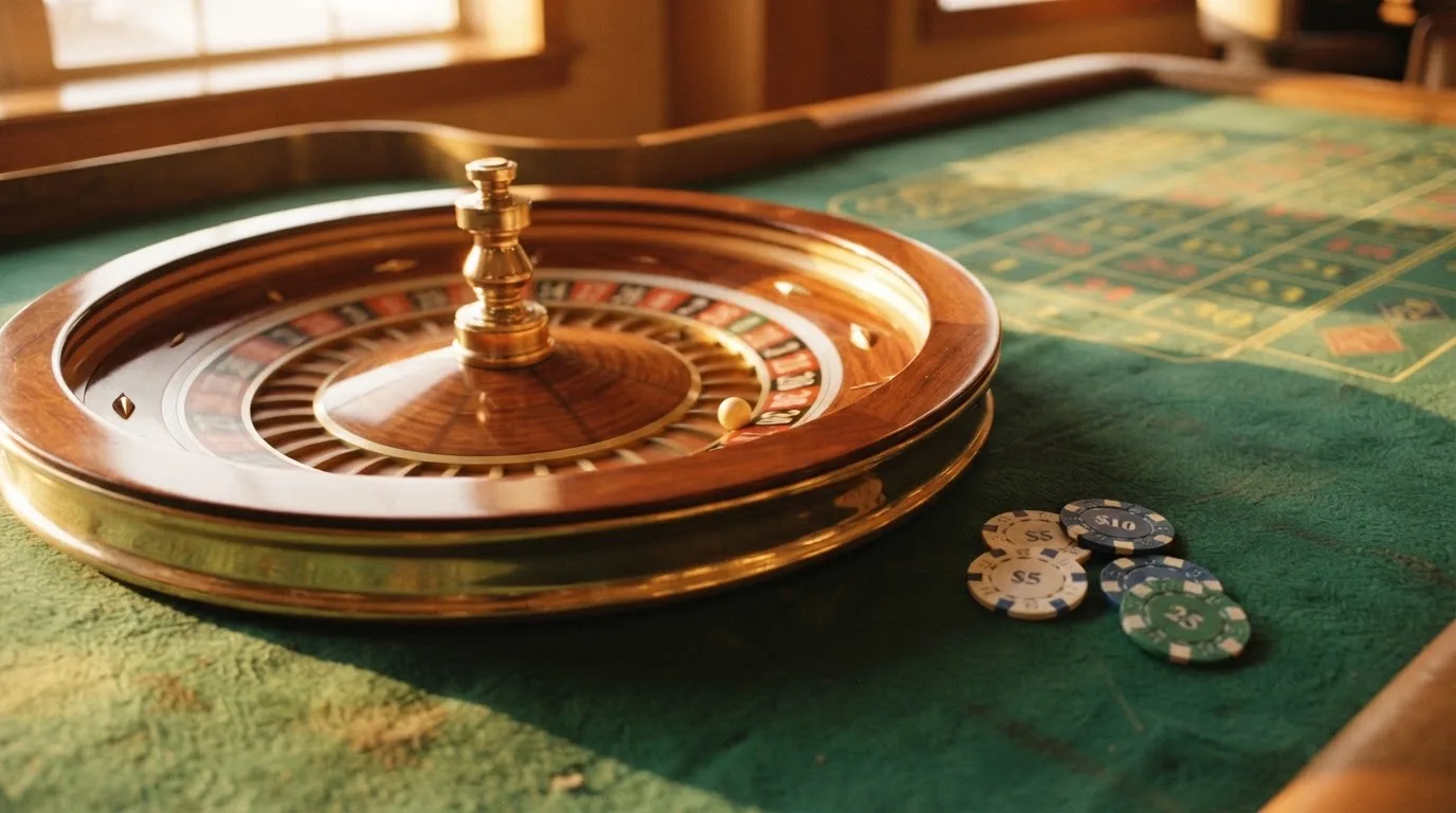 Roda de roleta e fichas sobre feltro verde, sob uma luz quente de fim de tarde — slots grátis em portugal