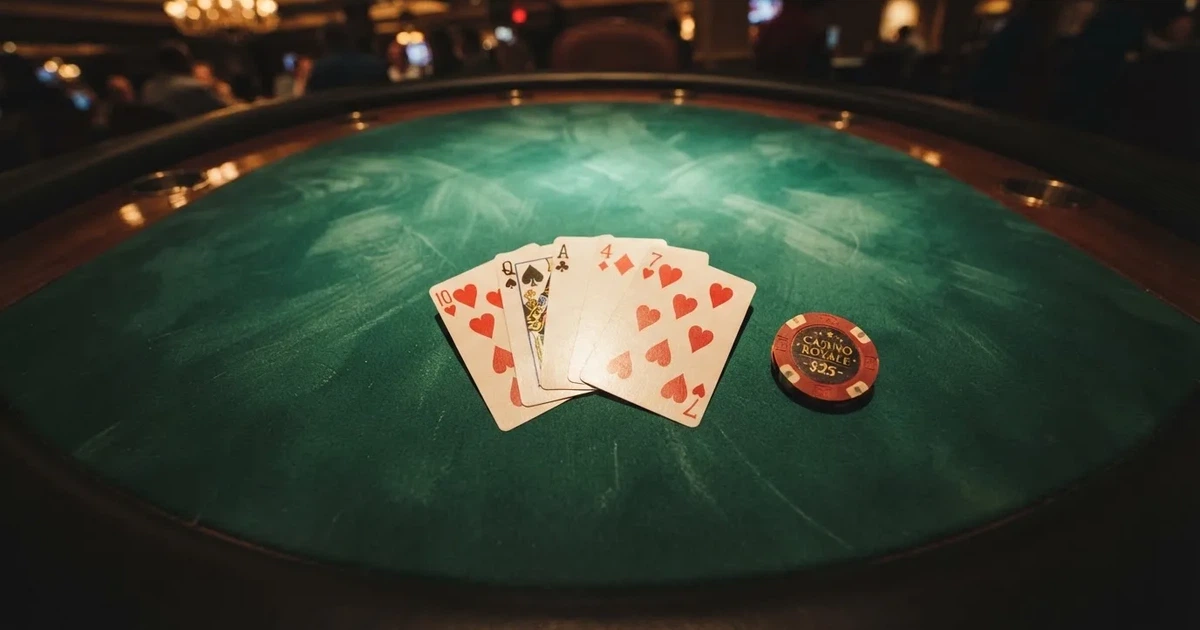 Mesa de jogo iluminada com cartas, vista de cima — slots grátis em portugal
