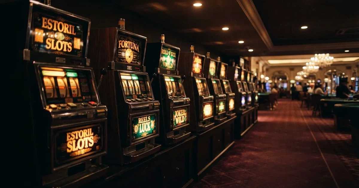 Fila de máquinas de slots num casino em Portugal vistas de lado, com rolos iluminados e carpete escura, sem pessoas, fotografia de interior.