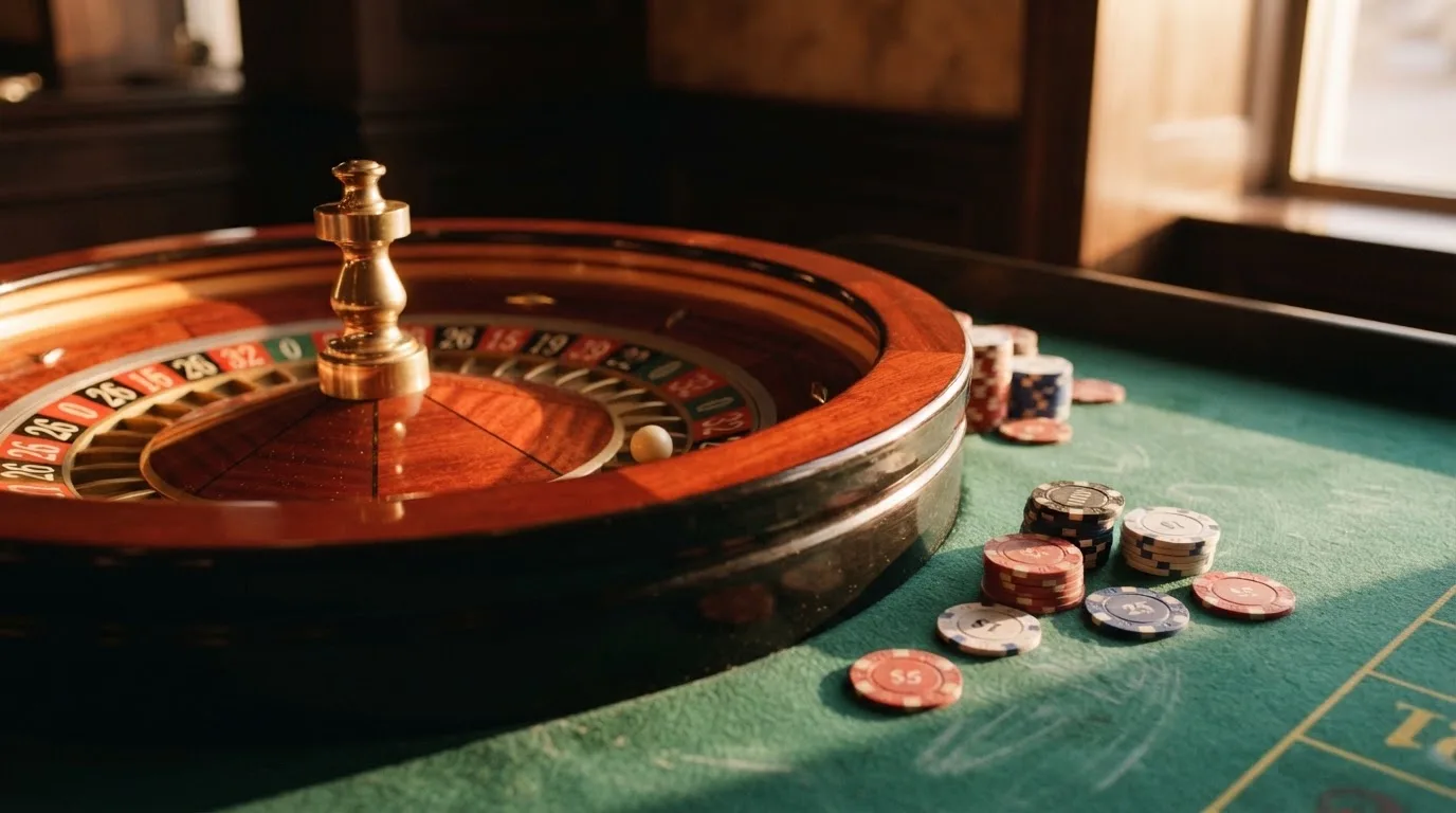 Roda de roleta e fichas sobre feltro verde, sob uma luz quente de fim de tarde — tabelas de blackjack em portugal