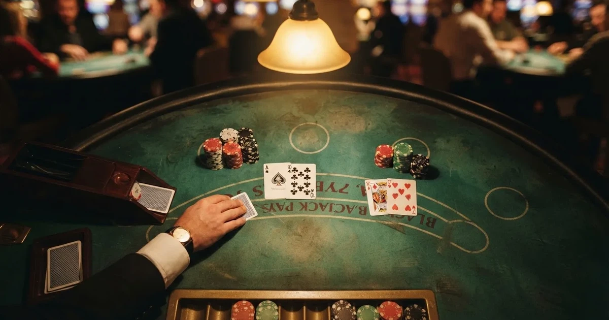 Mesa de jogo iluminada com cartas, vista de cima — tabelas de blackjack em portugal