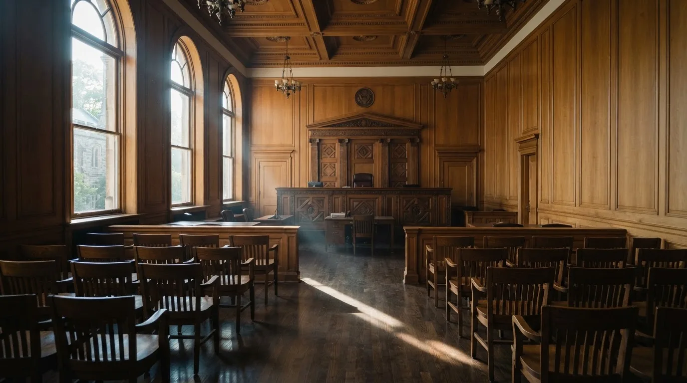 Sala de tribunal vazia com painéis de madeira, à luz da manhã — top casinos em portugal