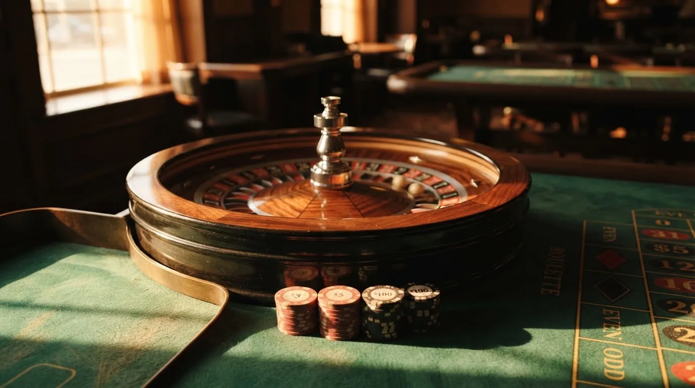 Roda de roleta e fichas sobre feltro verde, sob uma luz quente de fim de tarde — top casinos em portugal