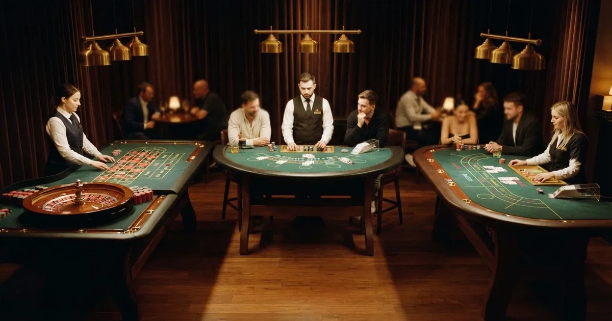 Três mesas de jogo diferentes lado a lado numa sala calma e calorosamente iluminada — top casinos em portugal