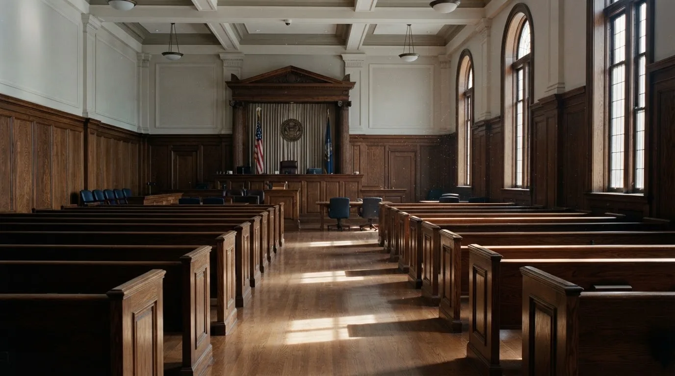Sala de tribunal vazia com painéis de madeira, à luz da manhã — truques de casino em portugal