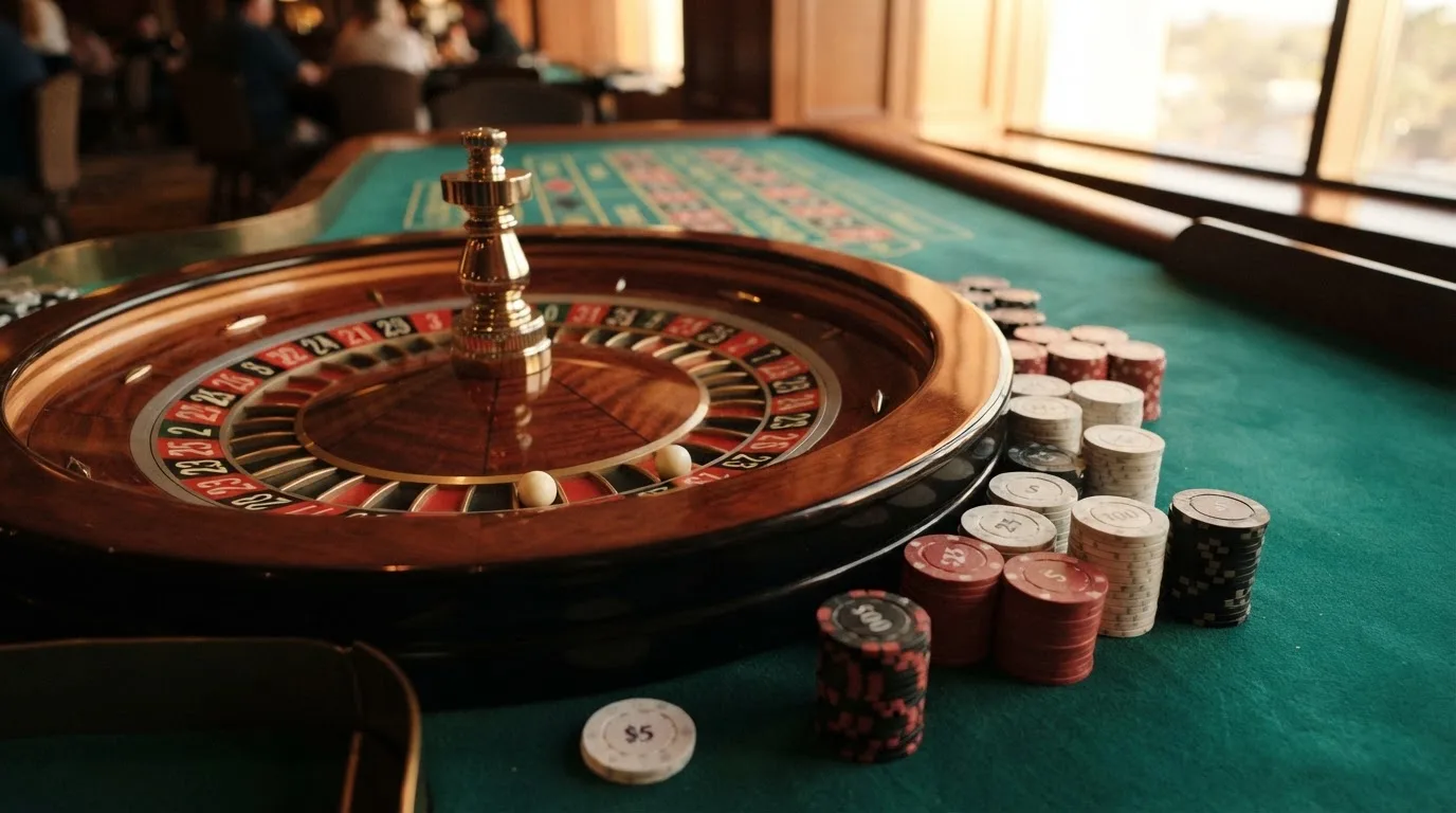 Roda de roleta e fichas sobre feltro verde, sob uma luz quente de fim de tarde — truques de casino em portugal