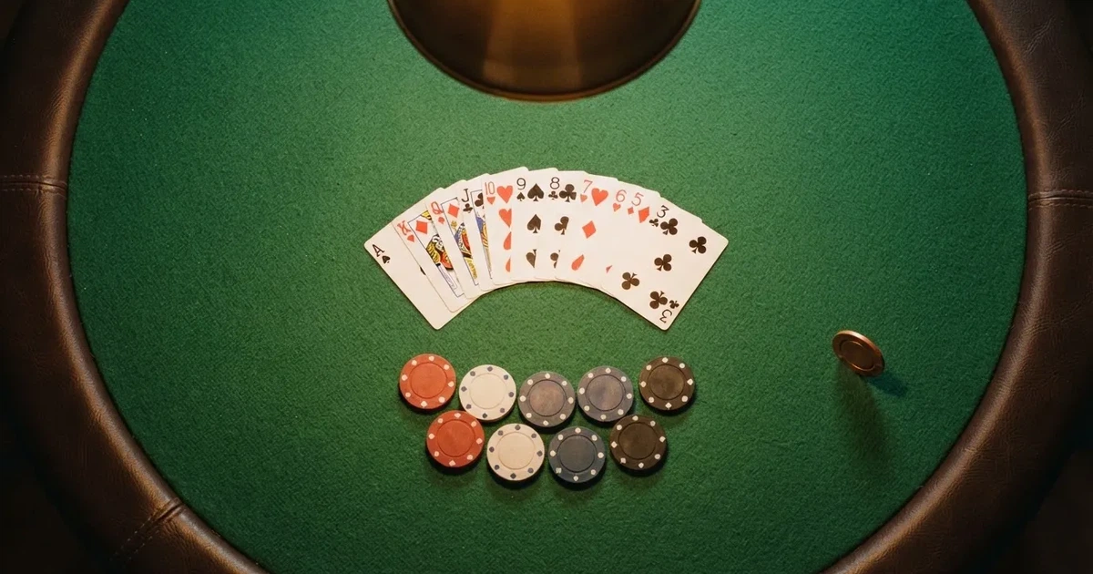 Mesa de jogo iluminada com cartas, vista de cima — truques de casino em portugal